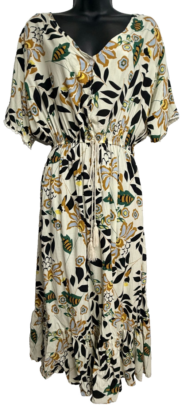 Kindred Maxi Dress Women's 2X Beige Floral Short Sleeve Tassel Drawstring Boho